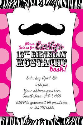 MUSTACHE BASH Zebra Print Invitation 13th Birthday Party 16th 1st Any