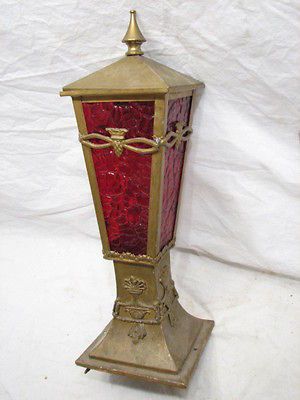 VINTAGE BRASS BANISTER POLE LAMP LIGHT RED STAINED GLASS PANEL
