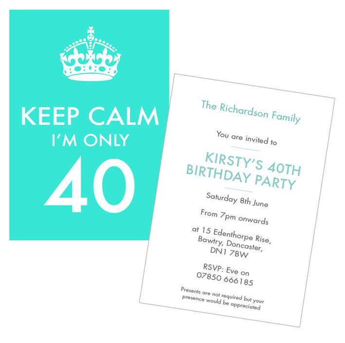 KEEP CALM Personalised party invitations x 12 *ANY AGE/ANY COLOUR