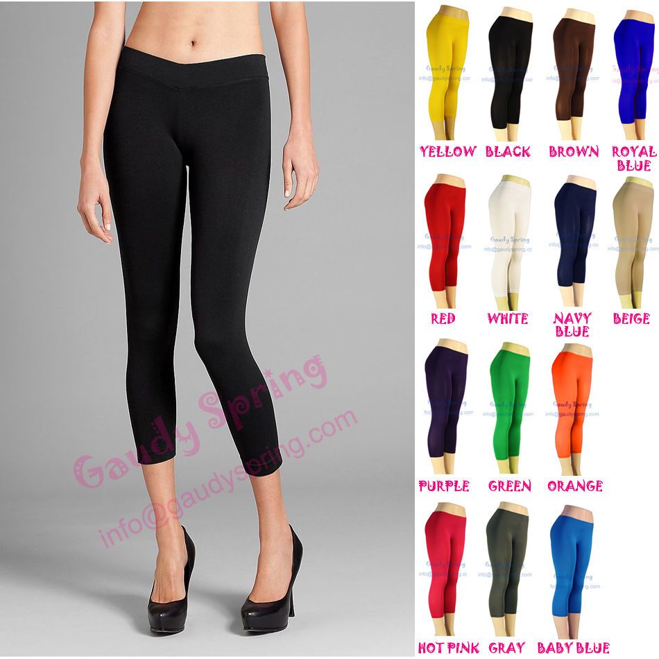 NEW LADIES BASIC STRETCH CROPPED TIGHTS YOGA PANTS BLACK CAPRI LEGGING