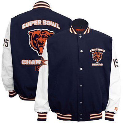 Chicago Bears XL Superbowl Champs Navy Blue White Cotton Canvas Jacket