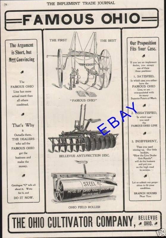 LARGE 1902 OHIO CULTIVATOR DISC ROLLER AD BELLEVUE OH