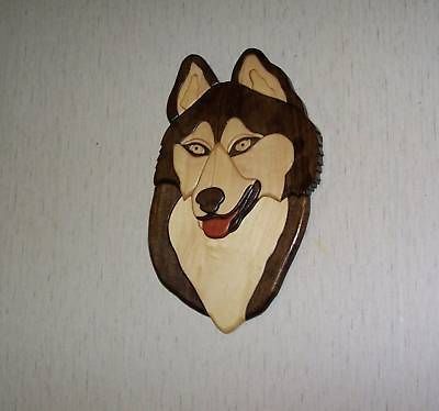 Husky dog wood carving intarsia wall hanging art