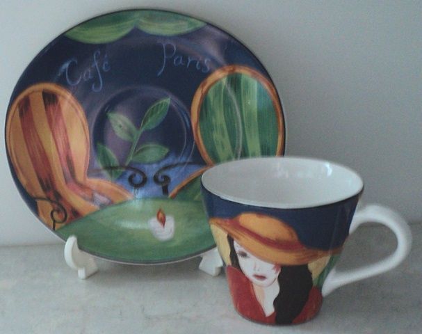 CAFE PARIS CUP & SAUCER Sango Art Tea Cup & Oval Saucer Blue White