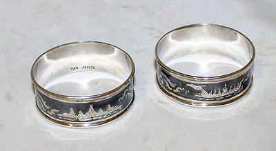 Thai Antique Napkin Rings Sterling Silver Niello Enamel Siam