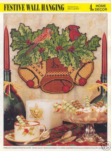 FESTIVE WALL HANGING plastic canvas CARDINALS / BELLS