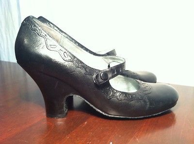 BIVIEL Anthropologie Black Leather Retro Round Toe Mary Jane High