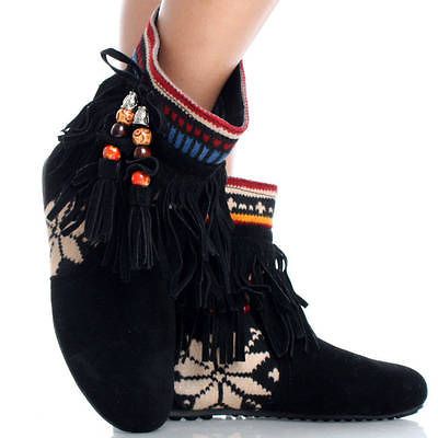 Black Suede Fringe Tassel Fair Isle Tribal Womens Flat Ankle Boots