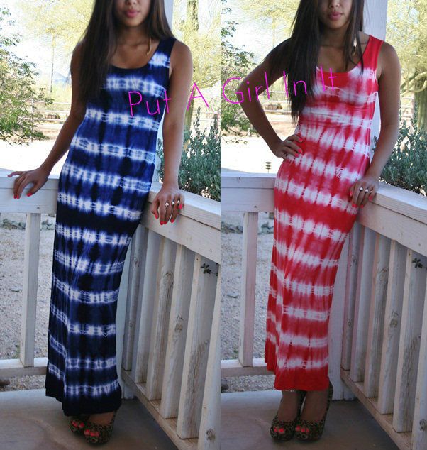 DYE MAXI SUNDRESS LONG BOHO DRESS ROUND NECK CORAL or NAVY BLUE S M L