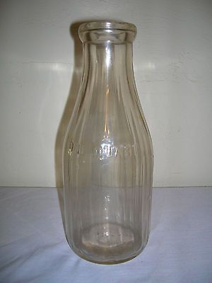 Old Vintage One Quart Ribbed Clear Glass Milk Jar / Dairy Bottle