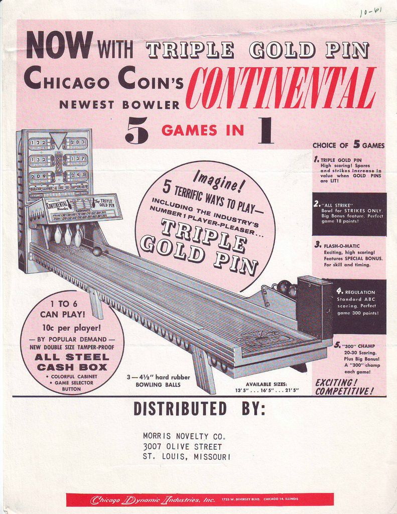 CHICAGO COIN CONTINENTAL ORIGINAL BOWLING ARCADE MACHINE FLYER