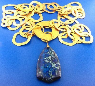 Exclusive Solid Brass Necklace w/ Blue Imperial Jasper