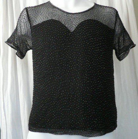 BEECHERS BROOK Black Beaded Mesh Knit Top Sz M 10 12 Cruise Wear