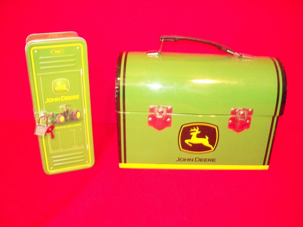 JOHN DEERE DOMED TIN LUNCH BOX & TIN LOCKER W/ LOCK NICE PREOWNED