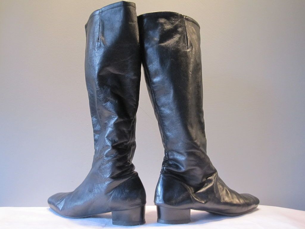 ViNTAGE 60 70S BLACK WiNTER LiNED TALL LEATHER DANCE BOOTS GOGO MOD