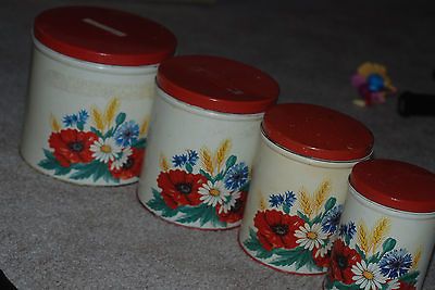 Set of 4 Tins Cannisters Metal Dry Goods Food Storage Flower Decor