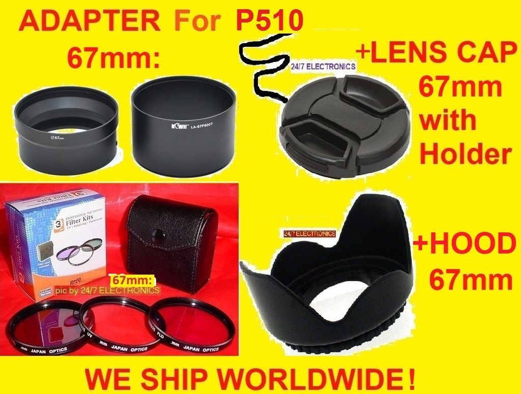 CAMERA LENS ADAPTER P510+FILTER KIT+HOOD+CAP 67 mm for Nikon Coolpix P