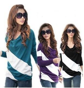 FASHION LONG LADYS BATWING CASUAL SLEEVE T SHIRT TOPS STRIPE BLOUSE