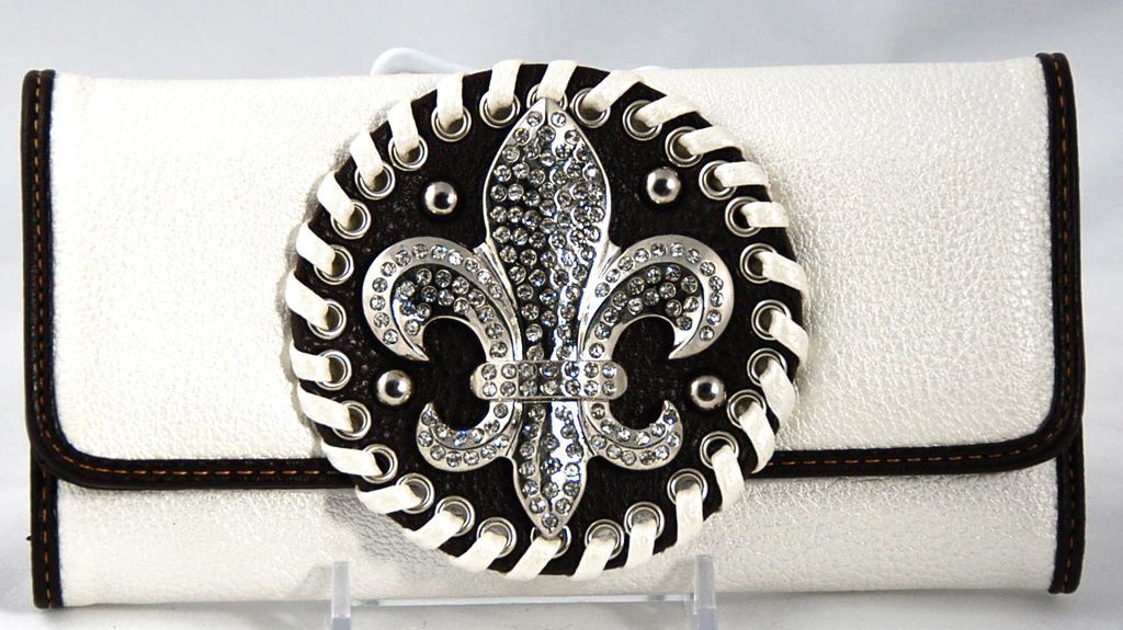 Fleur de Lis White Solid Rhinesto ne Encrusted CHECKBOOK Wallet