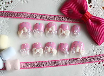 Na214, 3D Chibi tsume (very short nail tip),Pink, dot, French, ribbon