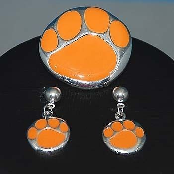 CLEMSON TIGERS ORANGE PAW PRINT BROOCH PIN & EARRINGS