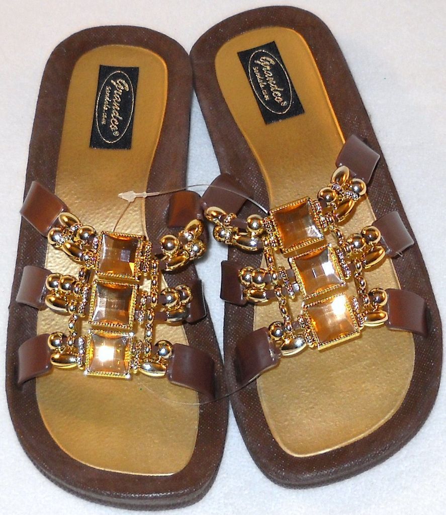 GRANDCO DRESSY Beach Pool SLIDE BLING Brown Beaded Jeweled Sandals