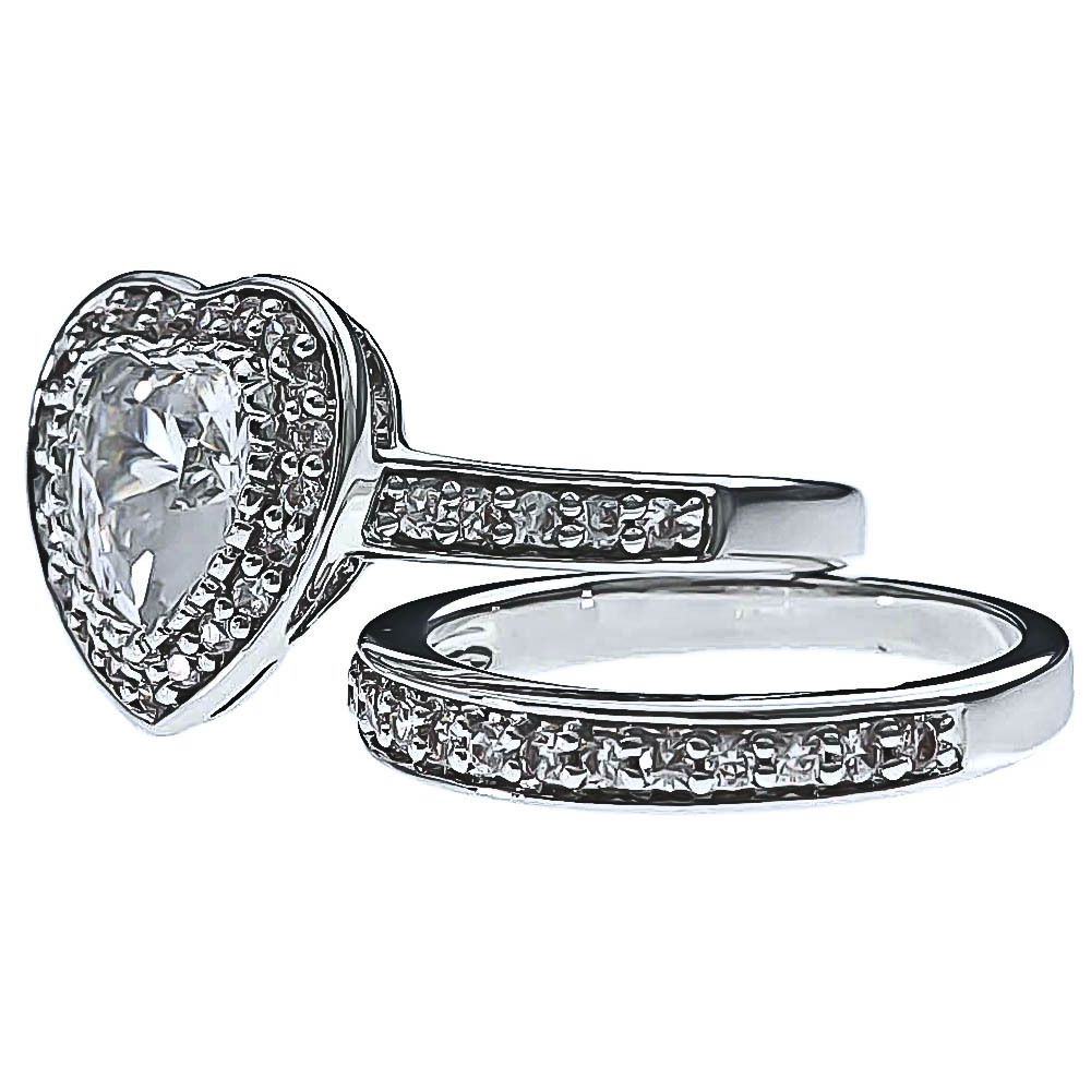 Cts Heart Cubic Zirconia Rhodium EP Bridal Engagement Wedding Ring Set