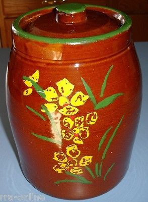 Vintage pottery cookie jar with cold painted flowers