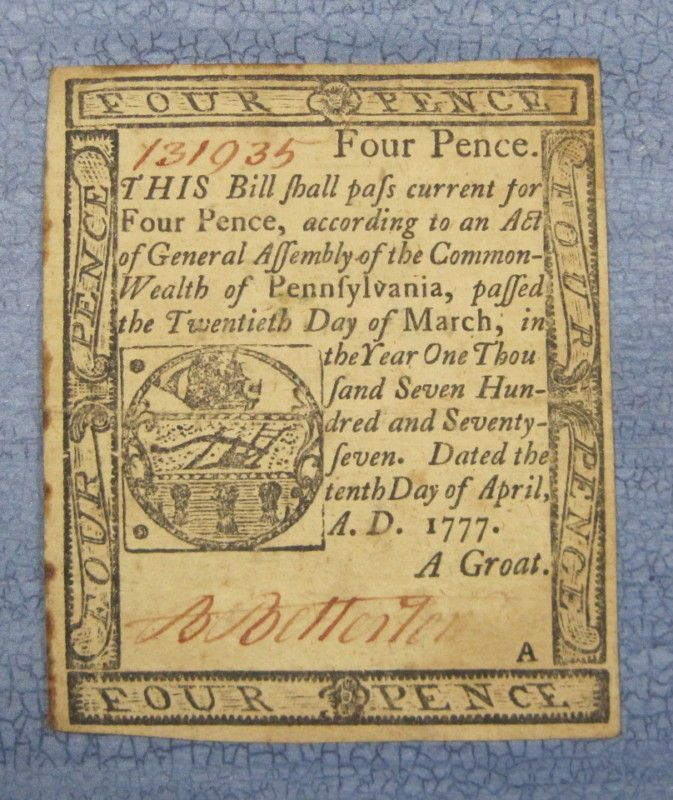 Colonial Currency, Pennsylvania, 4 Pence, 4/10/1777