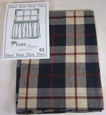 Country Navy Barn Red Tan Plaid Freedom Cotton Curtain Tiers 72x24