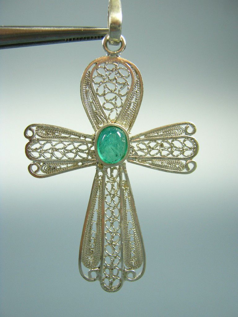 FINE 950 SILVER FILIGREE EMERALD PENDANT CROSS COLOMBIA