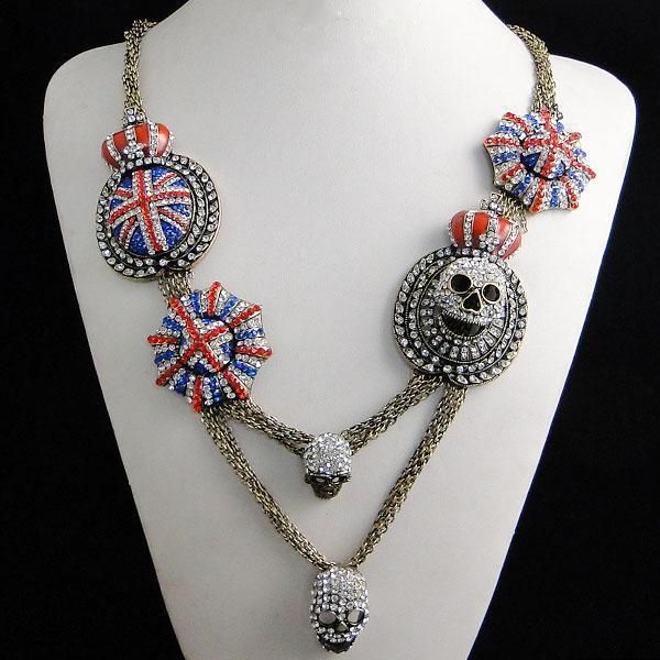 Union Jack Imperial Crown Skull Necklace Rhinestone Crystal Pendant