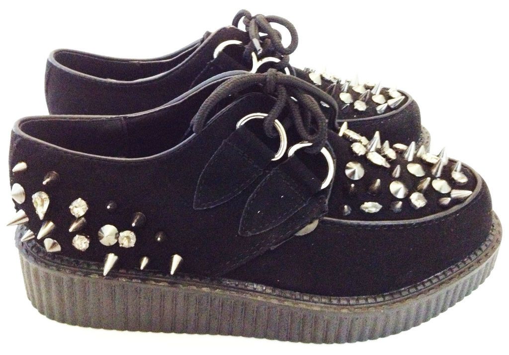 Diamanté Sued Platform Crape Black Punk Creepers Size 3 4 5 6 7 8