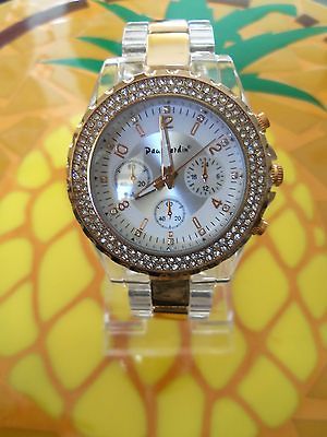 WOMENS WATCH CLEAR ACRYLIC WITH ROSE GOLD SURRONDED CRYSTAL BEZEL
