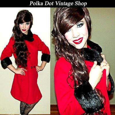 60s Red Wool MINK Fur Collar Cuffs Trim MOD Russian Princess Coat M/L