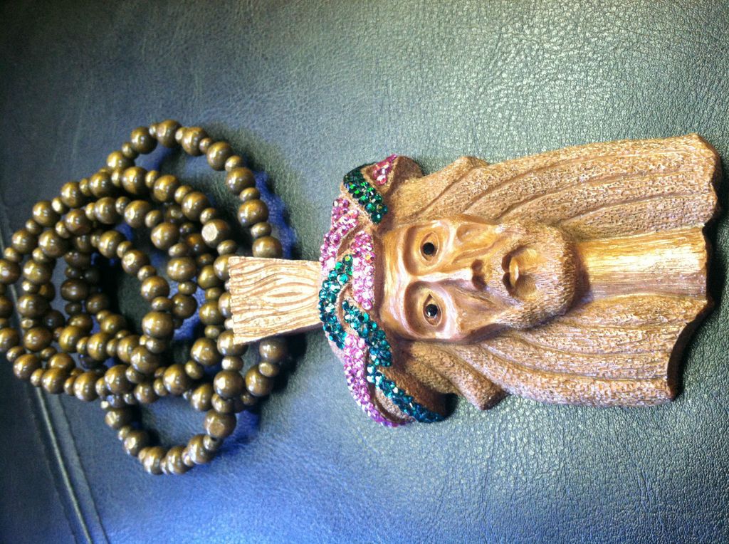 Custom Brown XL North Skull Jesus Piece w/ green & pink crystals on