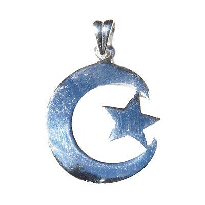 Lg Sterling Silver Crescent Moon & Star Pendant ISLAMIC