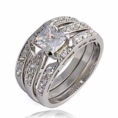 Deluxe 9K White Gold Filled Top CZ 3 Ring Wedding Set,size 6,G074