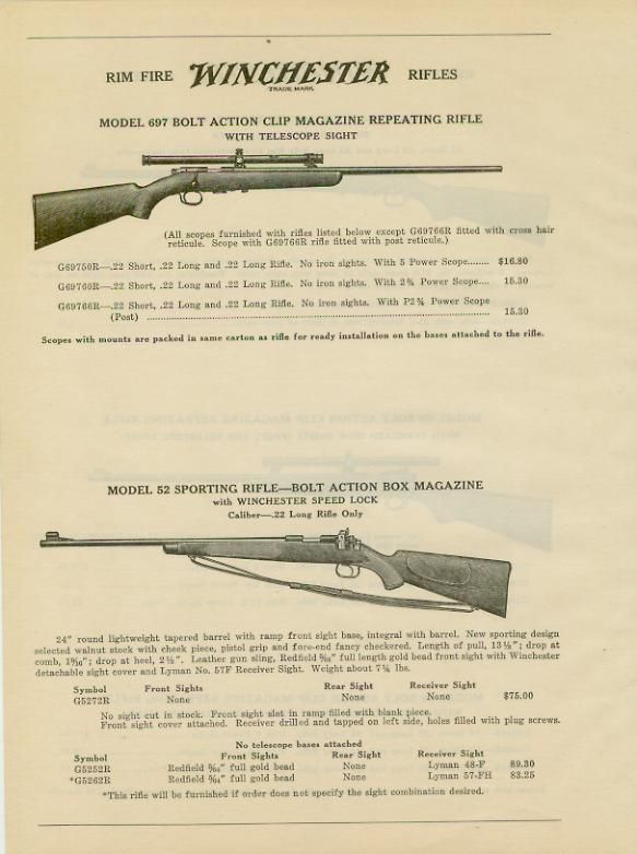 Catalog Page Ad Winchester Rifles Model 52 & 69 1939