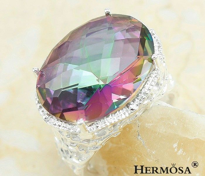 Rare Delicate Style Huge Diamond Cut Mystical Fire Topaz Sterling