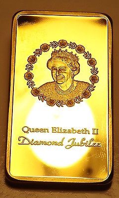 Queen Elizabeth Diamond Jubilee 1 Oz .999 24k Gold Plated Bar