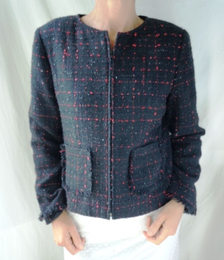 Cynthia Max BLACK / RED TWEED BOX JACKET Full Zip Long Sleeve Lined