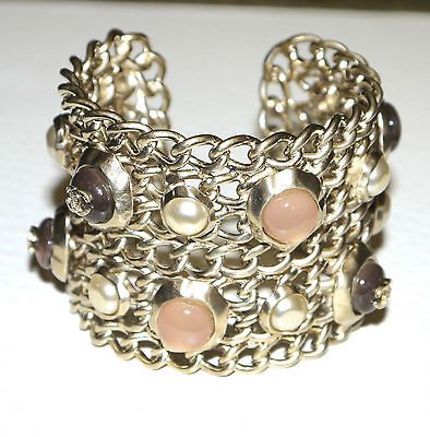 CHANEL WIDE GOLDTONE CHAIN GRIPOIX GEMS CUFF BRACELET FABULOUS