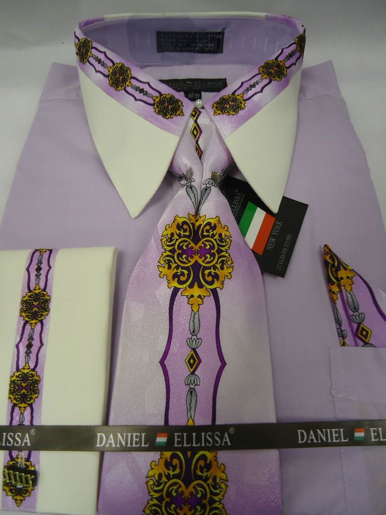 Mens Daniel Ellissa Lavender Medallion French Cuff Dress Shirt Tie Set