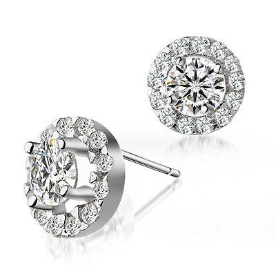 Man Made Diamond White Gold EP 925 Sterling Silver Stud Earrings,Halo