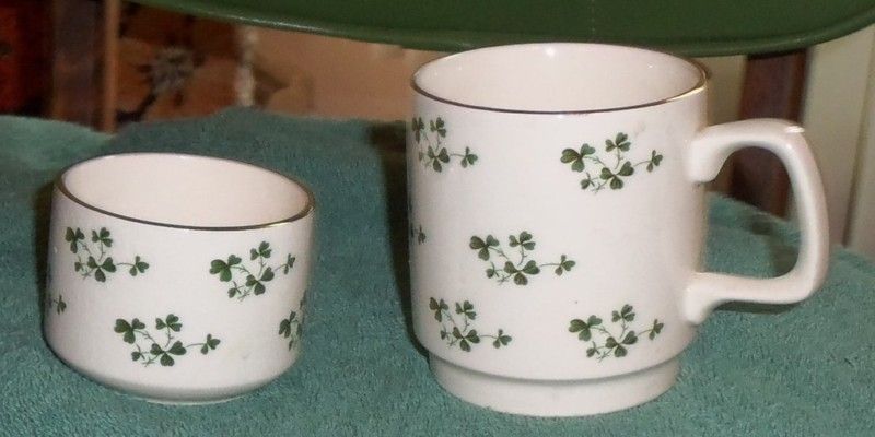 Carrigaline Pottery Cork Ireland Cup & Little Bowl Shamrocks