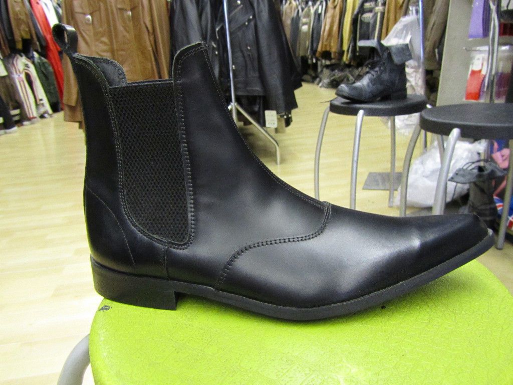 Mens Black Leather Winkle Picker Chelsea Boots Slip On