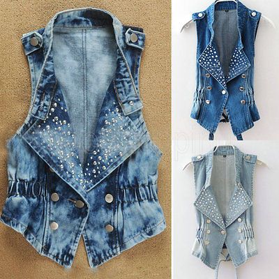 Hot  New Womens Beads Denim Vest Jean Waistcoat Jacket Outerwear