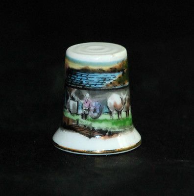 Porcelain Shelter for the Animals Horse Cows Thimble with Gold Trim