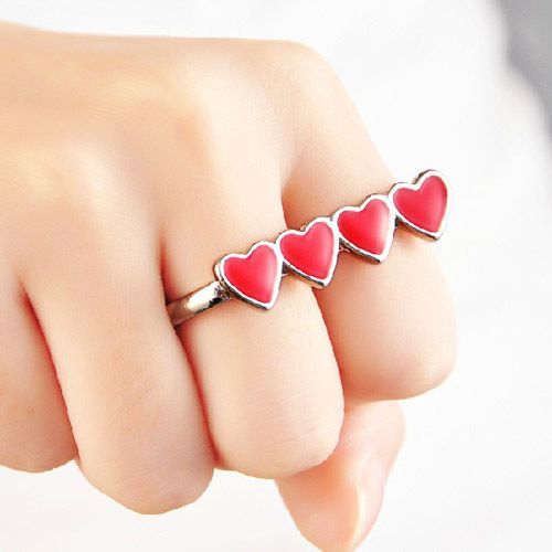 Punk Style Vintage Glaze Four Love Heart Double Finger Ring Rings NEW